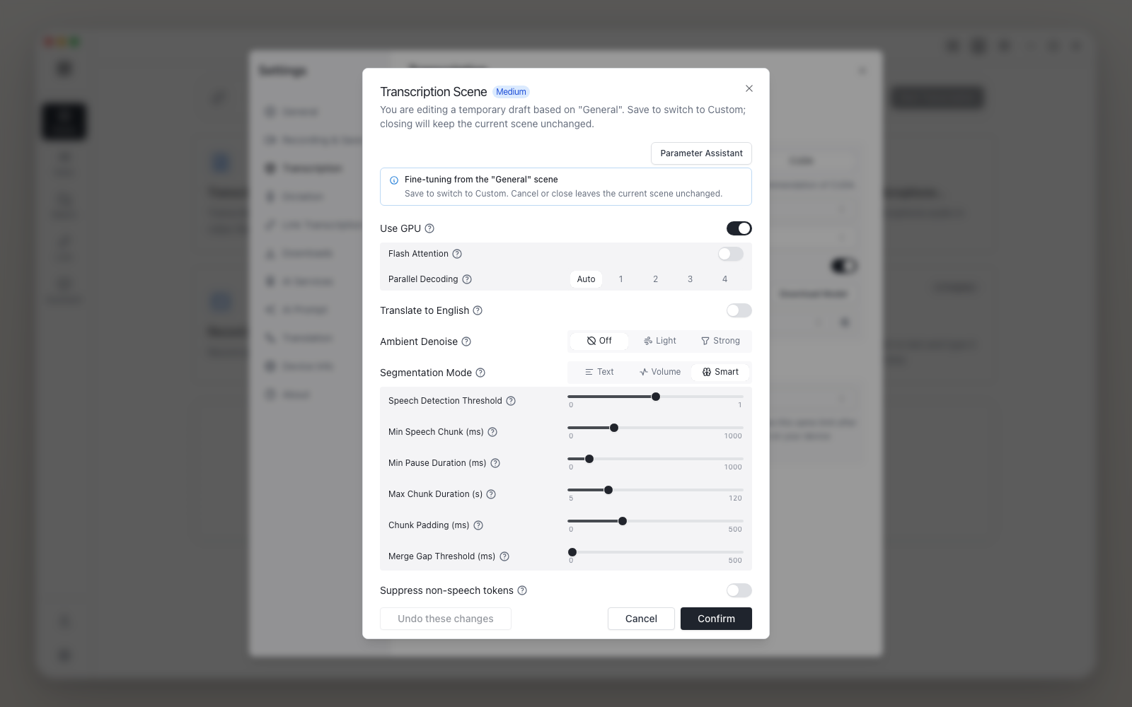 Audio Note advanced transcription tuning screenshot
