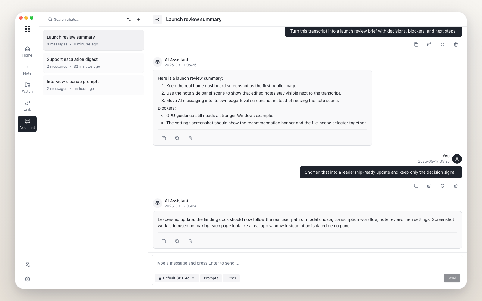 Audio Note AI chat workspace screenshot