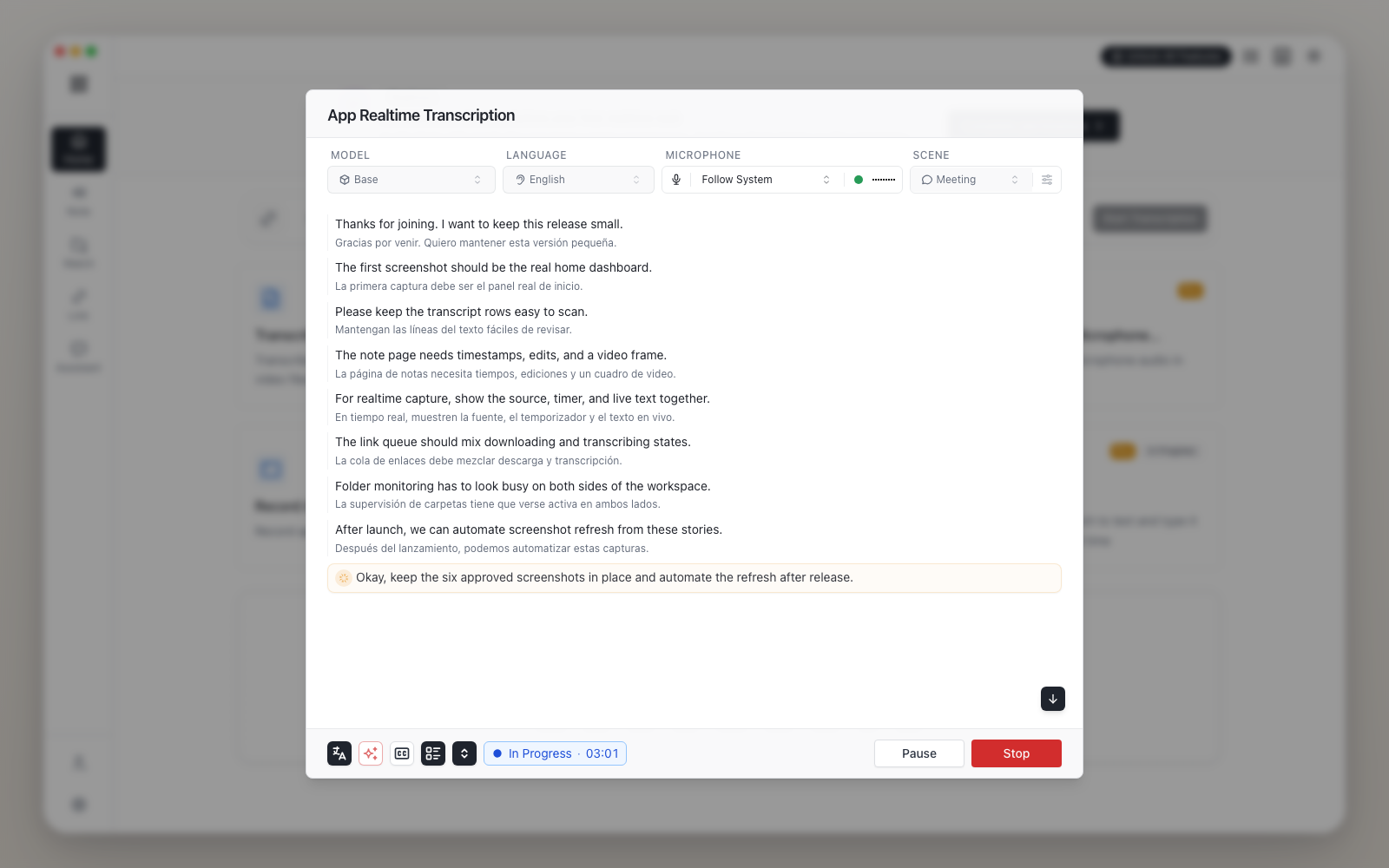 Audio Note realtime app transcription screenshot