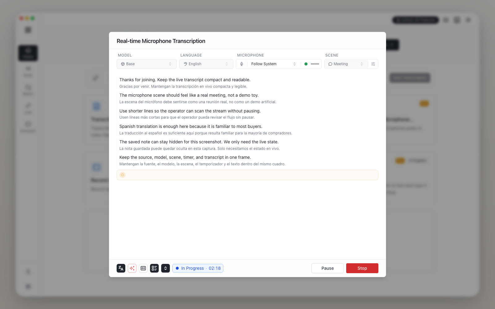 Audio Note realtime microphone transcription screenshot