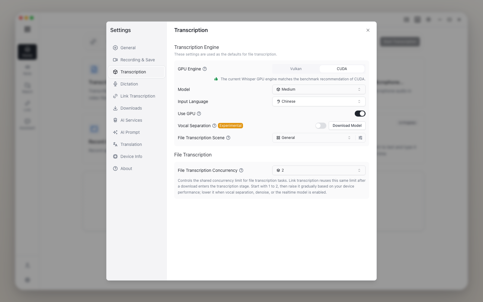 Audio Note GPU and runtime settings screenshot