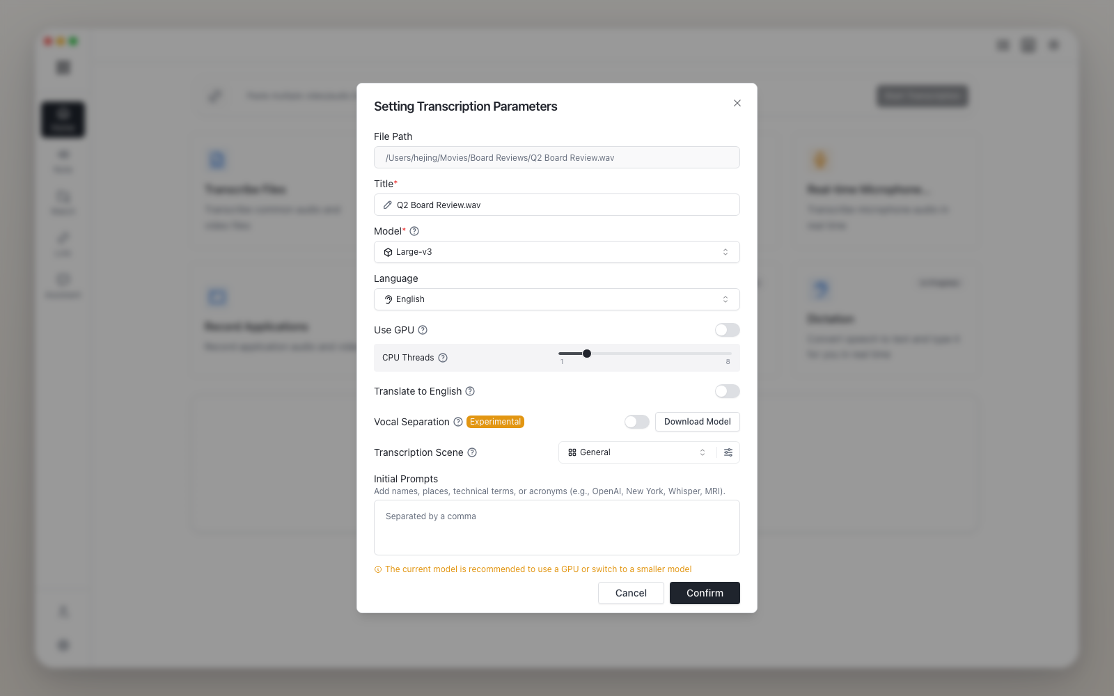 Audio Note file transcription parameters screenshot