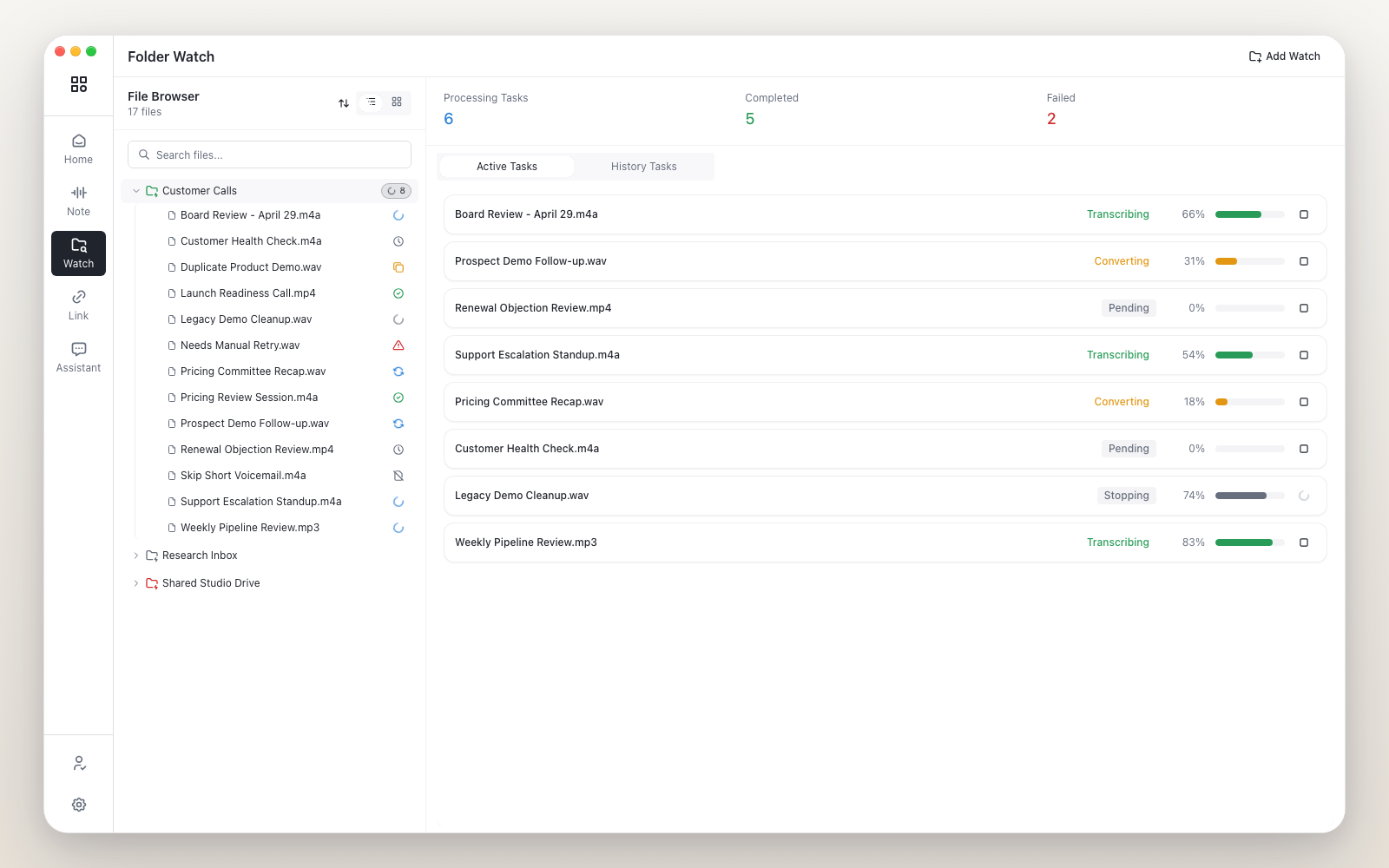Audio Note watch folder screenshot